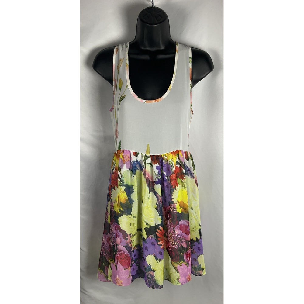 Millau Women's Small Multi Colored Floral Sheer Opened Back Mini Dress Flowy